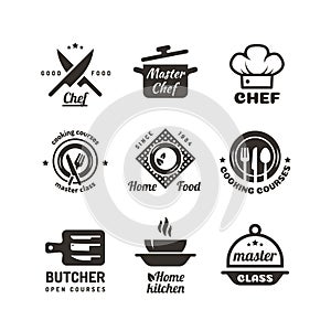 Cooking master classes labels. Restaurant or cafe menu emblems. Chef vector logo isolated on white background