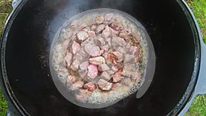 Cooking meat in a cauldron
