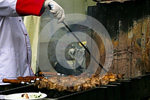 Cooking meat on coals, hot fish, chicken and pork barbecue, fresh hot juicy grill. Street food of Asian peoples