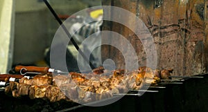 Cooking meat on coals, hot fish, chicken and pork barbecue, fresh hot juicy grill. Street food of Asian peoples