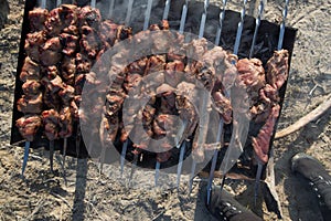 Cooking meat on the fire top view