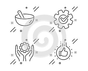 Cooking mix, Employee hand and Cogwheel icons set. Like hand sign. Bowl, Work gear, Engineering tool. Vector