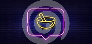 Cooking mix line icon. Bowl with spoon sign. Food preparation. Neon light speech bubble. Vector