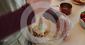 Cooking, mixing or hands in kitchen for cake recipe, dessert or baking flour pastry in food bowl. Home, closeup or