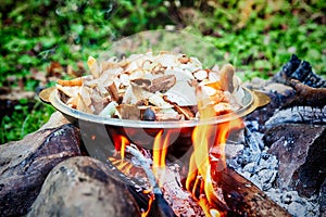 Cooking mushrooms on an open fire