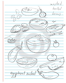 Cooking notes about eggplant salad and mashed beans