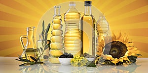 Cooking oils, Olive oil, Rape, Sunflower flowers in bottles