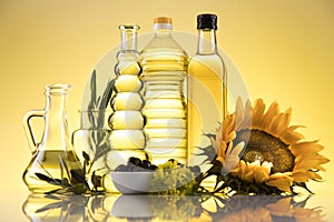 Cooking oils, Olive oil, Rape, Sunflower flowers in bottles