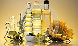 Cooking oils, Olive oil, Rape, Sunflower flowers in bottles