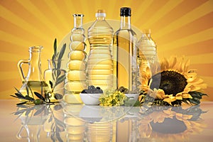 Cooking oils, Olive oil, Rape, Sunflower flowers in bottles