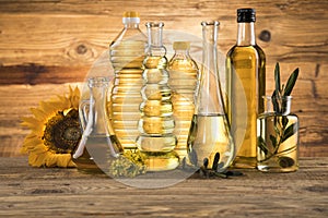 Cooking oils, Olive oil, Rape, Sunflower flowers in bottles