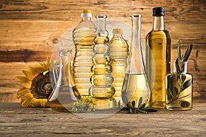 Cooking oils, Olive oil, Rape, Sunflower flowers in bottles