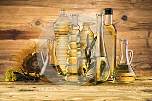 Cooking oils, Olive oil, Rape, Sunflower flowers in bottles