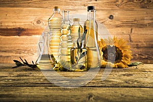 Cooking oils, Olive oil, Rape, Sunflower flowers in bottles