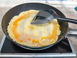 Cooking omelet in pan