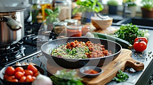 Cooking pan with zoodles and tomato sauce on a kitchen counter.