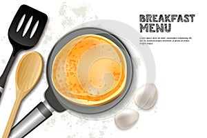 Cooking pancake vector illustration. Top view realistic pan, spatula and ingredients isolated on white background.