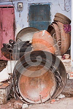 Cooking pans used for outdoor food preparation in Rajasthan, India