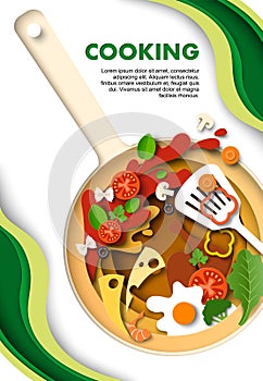 Cooking paper cut poster template with frying pan and ingredient