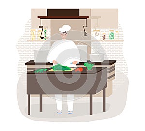 Cooking, people in kitchen, happy chef preparing food in restaurant, chef uniform, design cartoon style vector