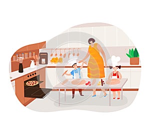 Cooking, people in kitchen, mother cooks pizza, daughter helps cook, boy cute chef, design cartoon style vector