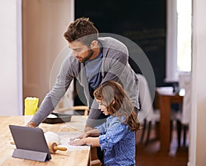 Cooking, pizza and family in kitchen and tablet for recipe, guide and learning from online tutorial with child. Teaching