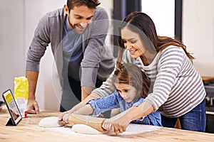 Cooking, pizza and family in kitchen with tablet for recipe, guide and mom and dad learning with child. Teaching, baking