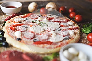 Cooking pizza with tomatoes, sprinkle with grated cheese close up