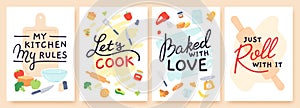 Cooking poster. Kitchen prints with utensils, ingredient and inspirational quote. Baked with love. Food preparation