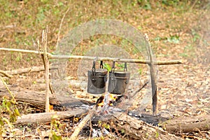 Cooking pot in campfire, Camping in forest