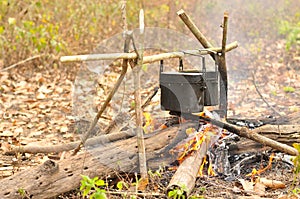 Cooking pot in campfire, Camping in forest