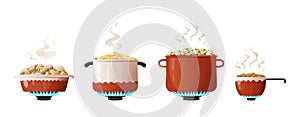 Cooking pot. Cartoon saucepan and kitchenware equipment on gas with boiling food and steam. Utensil for preparing meal on fire.