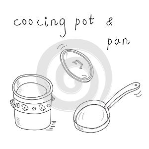 Cooking pot and frying pan with lid in motion eccentric cartoon sketch. Black and white coloring book page vector sketch illustrat