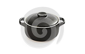 Cooking pot isolated on white. Black colour outside and white inside