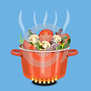 Cooking pot on stove with vegetables,