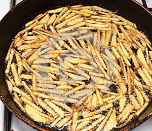 Cooking potato fries in oil