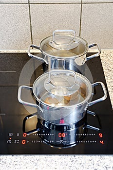 Cooking pots on a modern black glass-ceramic cooktop