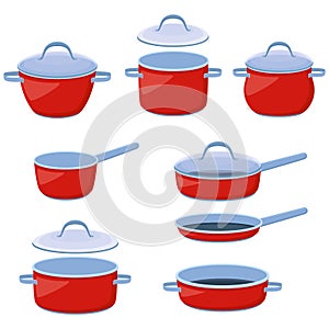 Cooking pots, saucepans and frying pans. Set of kitchen utensils for boiling and frying, vector illustration