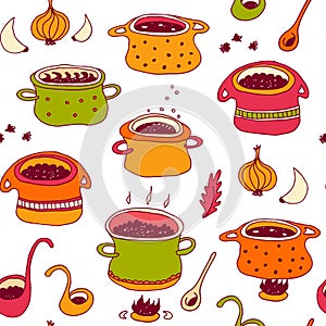 Cooking pots vector seamless pattern in doodle style