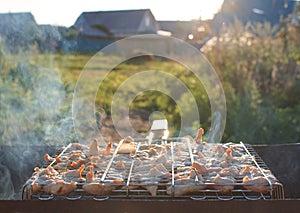 Cooking process Barbecue Summer grill Close up of roasted pork S