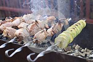 Cooking process Barbecue Summer grill Close up of roasted pork S