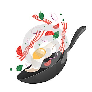 Cooking process vector illustration. Flipping fry egg in a pan. Cartoon style