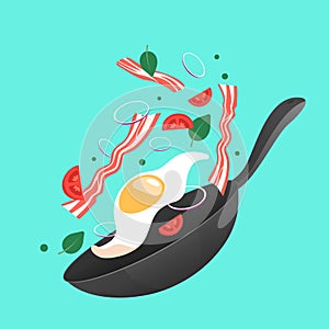 Cooking process vector illustration. Flipping fry egg in a pan. Cartoon style