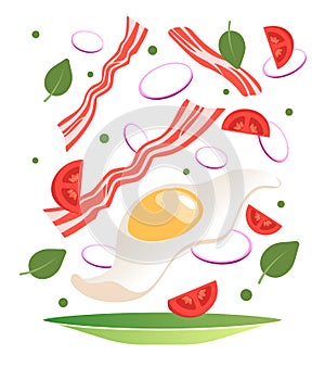 Cooking process vector illustration. Flipping fry egg in a pan. Cartoon style