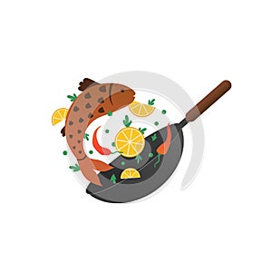 Cooking process vector illustration. Flipping fry fish in a pan with lemon. Cartoon flat style