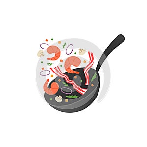 Cooking process vector illustration. Flipping fry shrimps and bacon in a pan. Cartoon flat style