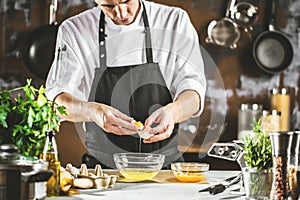 Cooking, profession and people concept - male chef cook making food at restaurant kitchen