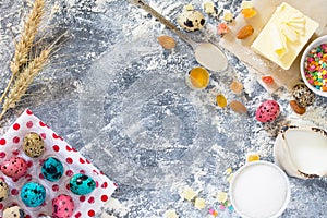 Cooking recipe background for the celebration of Easter: quail eggs, milk, sugar, butter, dry yeast and wheat flour