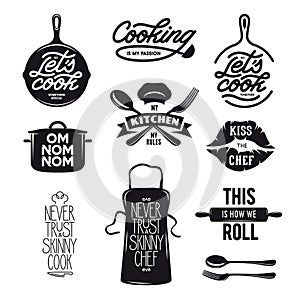 Cooking related typography set. Quotes about kitchen. Vintage vector illustration.
