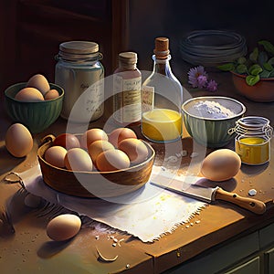 Cooking in rustic kitchen. Eggs, knife, bottles with oil, flour on wooden table on dark background